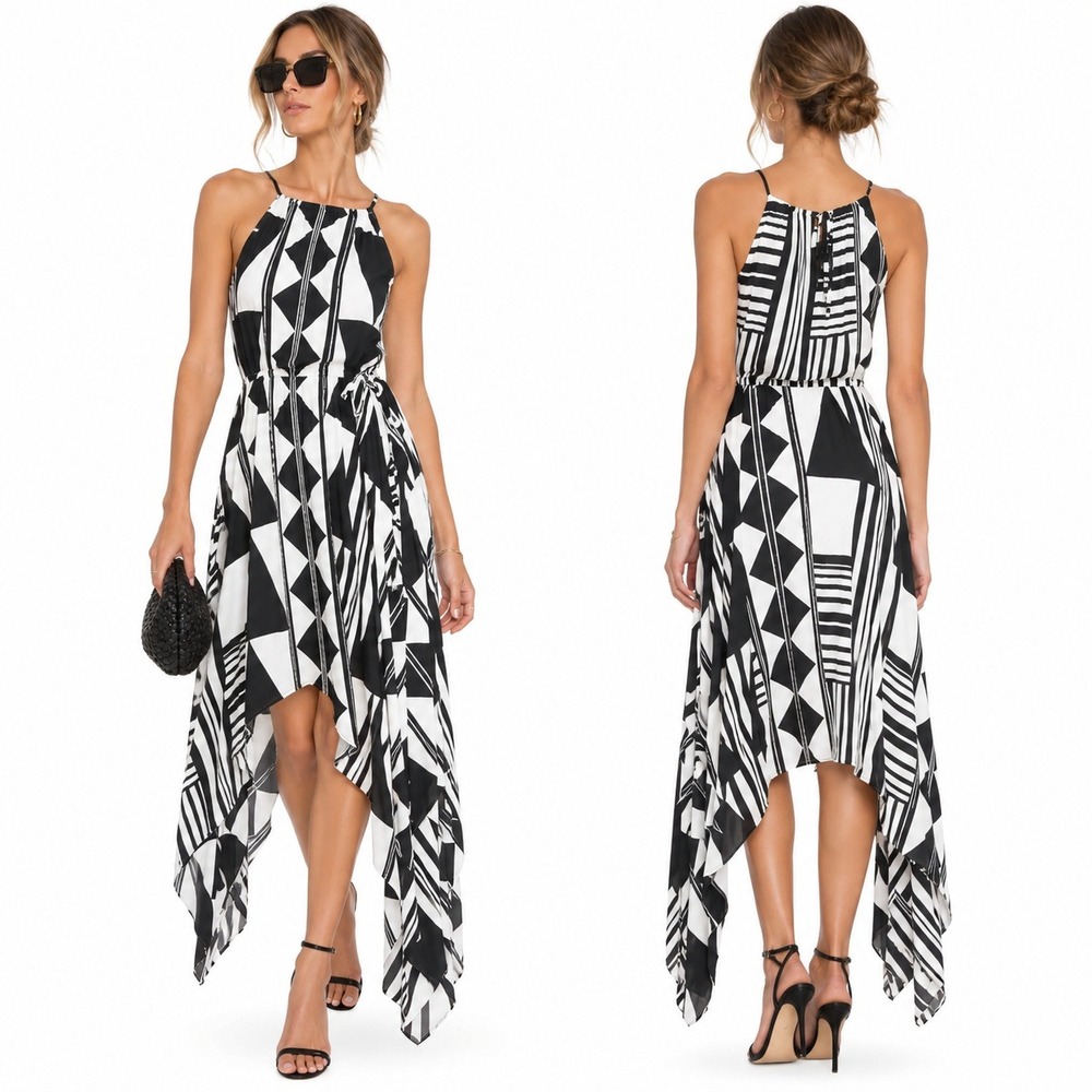 Express Geometric Print Handkerchief Hem Maxi Dress Black White Halter Size M
